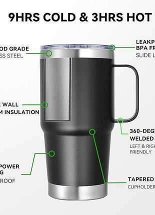 20 oz Stainless Steel Tumbler with Handle Bulk Metal Insulated Tumblers Travel Coffee Mug with Handle Double Wall Tumbler Cup with Lid and Straw, Black 12 Pack