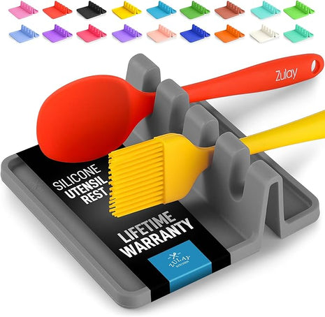Zulay Kitchen Silicone Utensil Rest with Drip Pad for Multiple Utensils - BPA-Free, Heat-Resistant Spoon Rest & Spoon Holder for Stove Top - Kitchen Utensil Holder for Ladles & Tongs - Gray