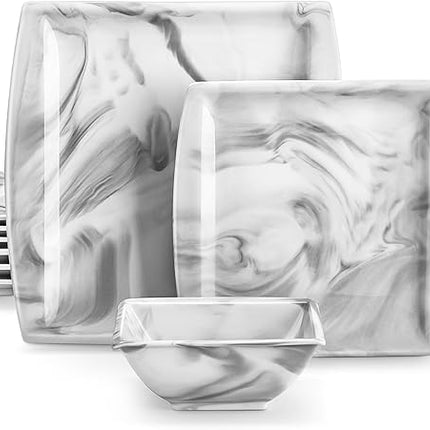 MALACASA Plates and Bowls Sets, 12-Piece Porcelain Dinnerware Sets for 4, Square Plates and Bowls for Dessert, Salad and Soup, Ceramic Dishes Dining Dishware Set, Marble Grey, Series Blance