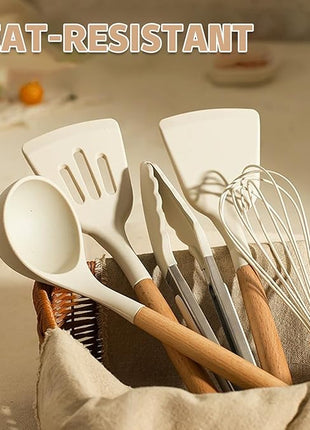 Umite Chef Kitchen Cooking Utensils Set, 33 pcs Non-stick Silicone Cooking Kitchen Utensils Spatula Set with Holder, Wooden Handle Silicone Kitchen Gadgets Utensil Set (Cream White)