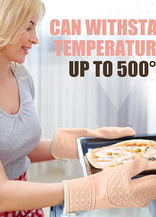 Silicone Oven Mitts, Heat Resistant 2PCS Oven Mitts with Soft Cotton Lining, Waterproof Non-Slip Grip Oven Glove, Kitchen Potholder Mits for BBQ, Baking, Cooking, 12.5 Inch - Pink