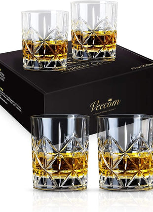 Whiskey Glass, Whiskey Glass Set of 4, Veecom 10 oz Thick Bottom Old Fashioned Whiskey Glasses for Men, Premium Whiskey Gifts for Bourbon, Scotch, Cocktail(Glass Set 4)