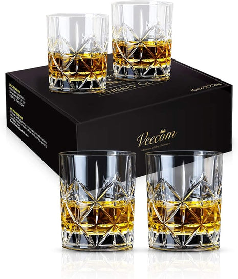 Whiskey Glass, Whiskey Glass Set of 4, Veecom 10 oz Thick Bottom Old Fashioned Whiskey Glasses for Men, Premium Whiskey Gifts for Bourbon, Scotch, Cocktail(Glass Set 4)