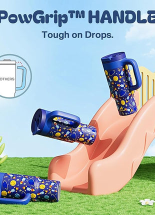 24 oz Stainless Steel Tumbler for Children: Durable Handle, Easy to Clean, Straw Gulp Lid, Car Cup Holder Friendly, Insulated Cup for Sport, Hiking, Carry, Adventures, Bag, Classroom (Space Rocket)