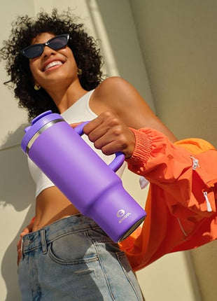 40 oz Tumbler with Handle and Straw: Stainless Steel Insulated Tumbler Keeps Cold for 24 Hours, Leakproof Travel Cup Fits in Cup Holder and BPA-Free,Violet