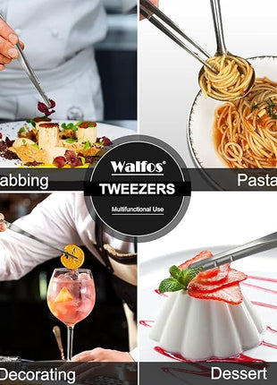 WALFOS Tweezer Tongs for Cooking, Kitchen Tweezers Stainless Steel Pasta Tweezers Tongs for Cooking, Roasting, Grabbing Small Objects, Dessert, BBQ, Spaghetti 3 Pcs (8+10+12-Inch)