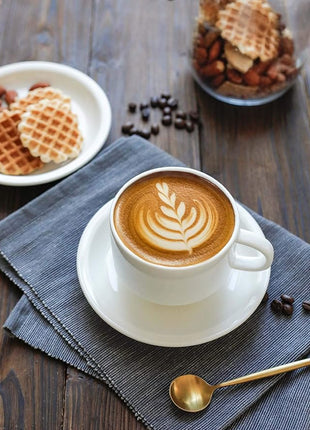 Sweese 8 Ounce Porcelain Stackable Cappuccino Cups with Saucers and Metal Stand - for Specialty Coffee Drinks, Cappuccino, Latte, Americano and Tea - Set of 4, White