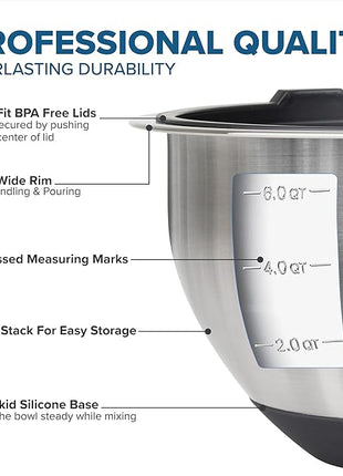 VIKING Mixing Bowls Set, 10 Piece Stainless Steel Kitchen Cookware, Non-Slip Silicone Base, Includes Tight Fit Lids, Dishwasher Safe, Black