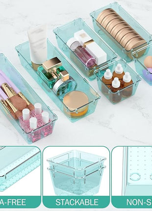 WOWBOX 12 Pack Clear Drawer Organizer Set, Acrylic Drawer Storage Trays, Storage Bins for Makeup, Cosmetics, Jewelries, Utensils, Gadgets, Office, Sea Blue