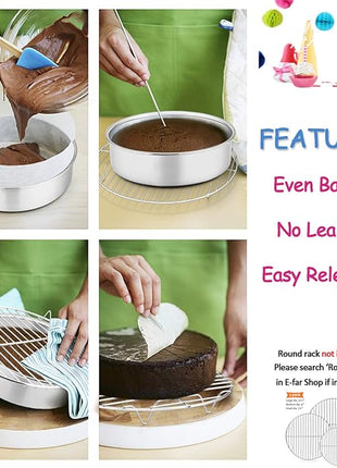 E-far 6 Inch Cake Pan Set of 2, Stainless Steel Round Smash Cake Baking Pans, Non-Toxic & Healthy, Mirror Finish & Dishwasher Safe