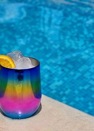 CHILLOUT LIFE 12 oz Stainless Steel Wine Tumblers 2 Pack - Double Wall Vacuum Insulated Wine Glasses Cups with Lids and Straws Set Keeping Cold & Hot for Coffee, Beer, Ice Cream - Colorful Rainbow