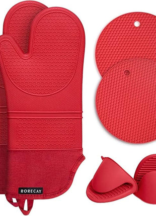 Rorecay 6pcs Oven Mitts and Pot Holders Sets for Kitchen, Extra Long Silicone Oven Gloves Heat Resistant 500 Degrees Non-Slip Potholders Hot Pads for Baking Cooking, Quilted Liner, Red