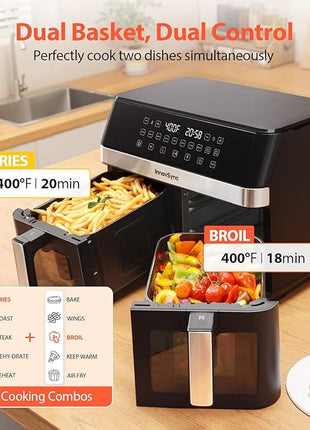 12QT Large Dual Air Fryer, 10-in-1 Double Zone Airfryer with 2×6QT Baskets, 60° Easy-Panel with Full Touchscreen, SyncCook Function, Viewing Window, Nonstick & Dishwasher Safe, 2 Dishes at Once, Black