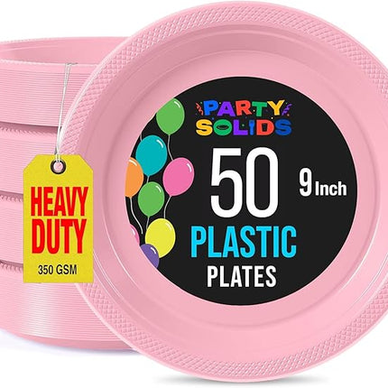 Exquisite Party Solids Pink Plastic Plates For Party Supplies 9" Pink Disposable Plates Heavy Duty 50 Pcs Plastic Dinnerware Sets Heavy Duty 350 GSM Disposable Dinnerware Set