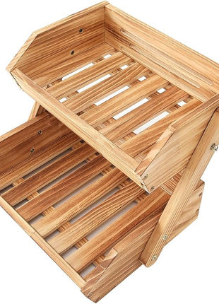 2 Tier Wooden Fruit Basket For Kitchen, Bread Vegetable Fruit Basket Bowl Stand, Farmhouse Fruit Bowl for Countertop, Large