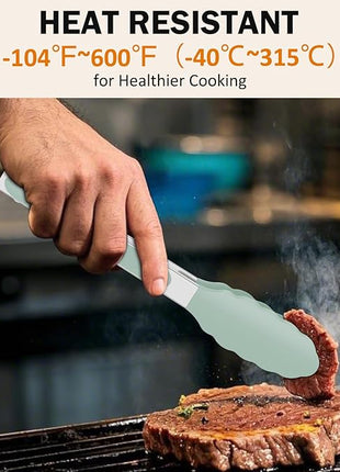 Kitchen Tongs, Set of 3 Stainless Steel Tongs with Silicone Tips Locking Cooking Tongs 600ºF Heat Resistant Tong for Cooking BBQ Grilling Air Fryer Serving Food Salads, 7"+9"+12" Light Green