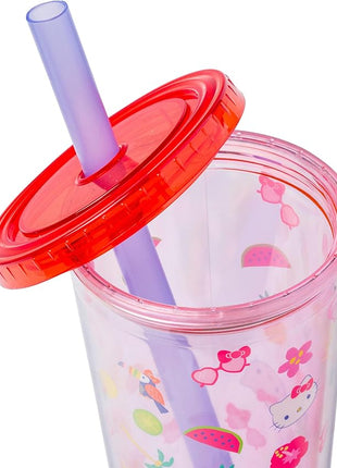 Silver Buffalo Sanrio Hello Kitty Tropical Summer Plastic Boba Tumbler with Lid and Wide Straw, 24 Ounces