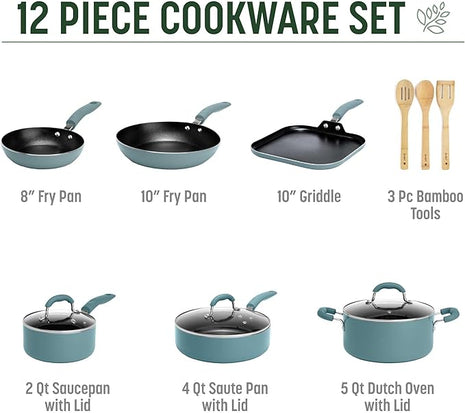 Goodful Ceramic Nonstick Pots and Pans Set, Premium Ceramic Coating Made without PFOA, PTFE or PFAS, Dishwasher Safe, 12-Piece, Turquoise