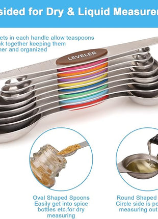 Aovchei 9 PCS Magnetic Measuring Spoons Set, Dual Sided, Stainless Steel Small Tablespoon, Teaspoons, Fits in Spice Jars, for Dry and Liquid, MultiColor
