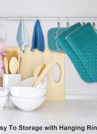 KEGOUU Oven Mitts and Pot Holders 6pcs Set, Kitchen Oven Glove High Heat Resistant 500 Degree Extra Long Oven Mitts and Potholder with Non-Slip Silicone Surface for Cooking (Lake Blue)