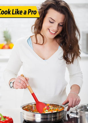 Pack of 4 Silicone Cooking Utensils Set, Non Stick Solid Spatulas and Heat Resistant Slotted Spoons with Wooden Handle, Ideal Wood Kitchen Utensils Set for Frying,Serving,Turning,Stirring (RED)