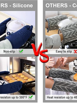 KEGOUU Oven Mitts and Pot Holders 6pcs Set, Kitchen Oven Glove High Heat Resistant 500 Degree Extra Long Oven Mitts and Potholder with Non-Slip Silicone Surface for Cooking(Marine Blue)