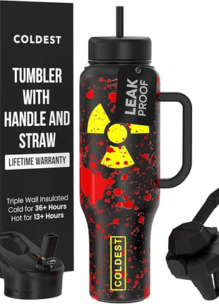 Coldest Tumbler with Handle and Straw, 100% Leak Proof Insulated Tumbler with Lid and Straw (3 Lids), Stainless Steel Tumblers for Women & Men, Cup Holder Friendly Base, 46 oz (Radioactive)