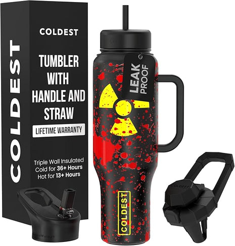Coldest Tumbler with Handle and Straw, 100% Leak Proof Insulated Tumbler with Lid and Straw (3 Lids), Stainless Steel Tumblers for Women & Men, Cup Holder Friendly Base, 46 oz (Radioactive)