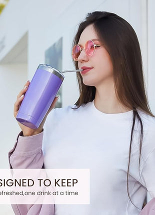 MEWAY 20oz Tumbler 8 Pack Double Wall Vacuum Insulated Travel Glitter Mug Bulk, Stainless Steel Tumblers with Lid and Straw, Powder Coated Coffee Cups for Woman(Rainbow Purple,Set of 8)