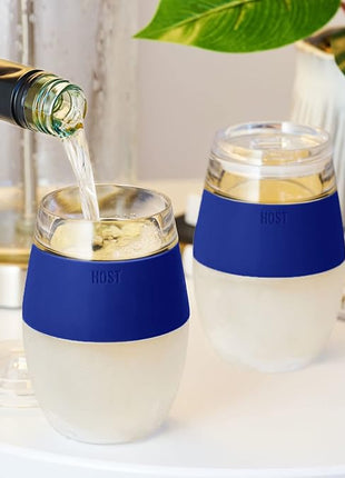 Host Cooling Wine Freeze Cup with Lid, Set of 2 Plastic Double Wall Insulated Tumbler Drink Cup with Freezing Gel for Red and White Wine, Blue