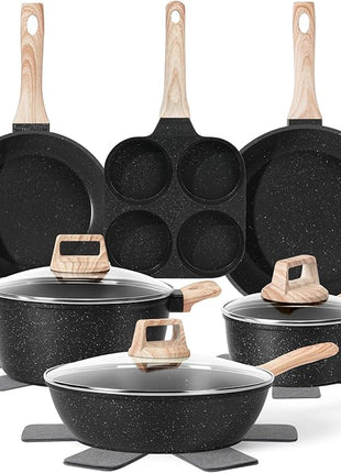 13 Pcs Pots and Pans Set, Nonstick Cookware Sets Black Granite Induction Cookware, Non-toxic Healthy Non stick Kitchen Cooking Set with Frying Pans Set, Saucepans (PFAS/PFOA/PFOS Free)