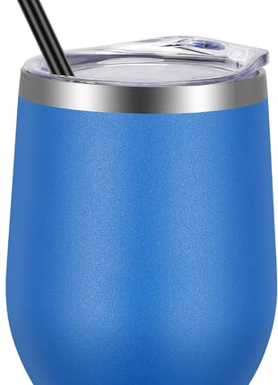 VEGOND 12oz Stainless Steel Wine Tumbler with Lid and Straw, Double Wall Vacuum Insulated Stemless Wine Glass Tumbler Cup, Coffee Mug for Cold Hot Drinks