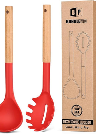 Silicone Pasta Fork and Ladle Spoon Set with Wooden Handle, Heat Resistant Non Stick Kitchen Utensils for Cooking, Stirring, Serving Spaghetti, Soup, Sauce(RED)