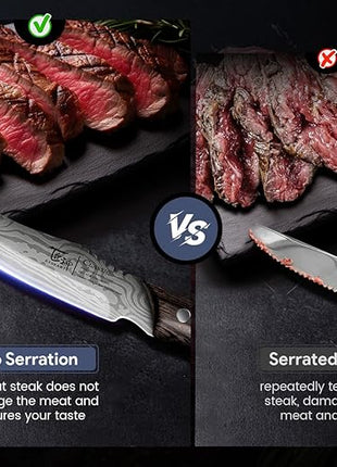 Steak Knives Set of 6 with Drawer Organizer, 4.8 Inch High Carbon Japanese Style Non Serrated Meat Knife with Wood Handle, Damascus Pattern Full Tang Design, Razor-Sharp Dinner Knives