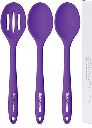 Silicone Spoon for Cooking, BPA Free Silicone Slotted Solid Spoons Set Heat Resistant, Dishwasher Safe Nonstick Silicone Kitchen Serving Spoon Set for Mixing Basting Stirring, Purple
