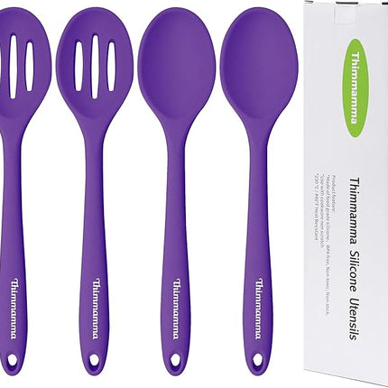Silicone Spoon for Cooking, BPA Free Silicone Slotted Solid Spoons Set Heat Resistant, Dishwasher Safe Nonstick Silicone Kitchen Serving Spoon Set for Mixing Basting Stirring, Purple