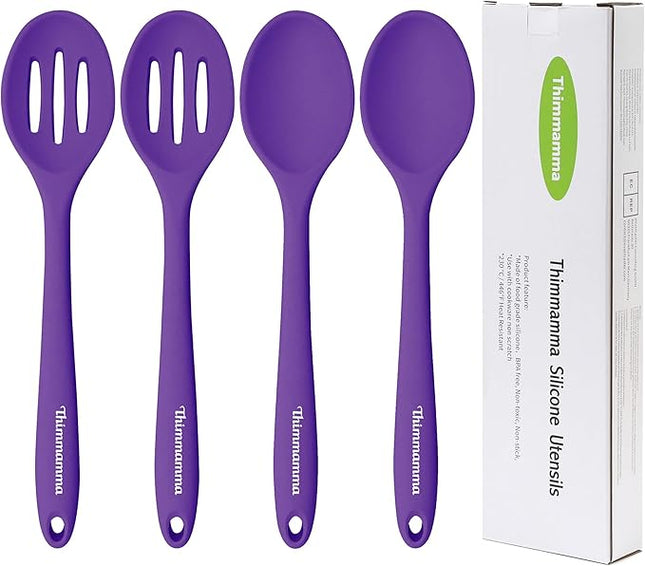 Silicone Spoon for Cooking, BPA Free Silicone Slotted Solid Spoons Set Heat Resistant, Dishwasher Safe Nonstick Silicone Kitchen Serving Spoon Set for Mixing Basting Stirring, Purple
