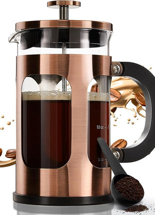 BAYKA 21 Ounce 0.6 Liter French Press Coffee Tea Maker Small, Heat Resistant Thickened Borosilicate Glass Stainless Steel Single Serve Brewer, Cold Brew Cafetera Teapot, Copper