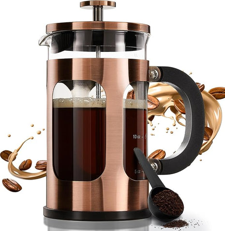 BAYKA 21 Ounce 0.6 Liter French Press Coffee Tea Maker Small, Heat Resistant Thickened Borosilicate Glass Stainless Steel Single Serve Brewer, Cold Brew Cafetera Teapot, Copper