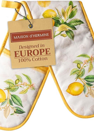 Maison d' Hermine Double Oven Mitts 100% Cotton 7"x35" Double Oven Mitt Heat Resistant BBQ Cooking Gloves with Loop, Baking, Grilling, Home, Kitchen, Handling Hot Pans Spring Summer (Limoncello)
