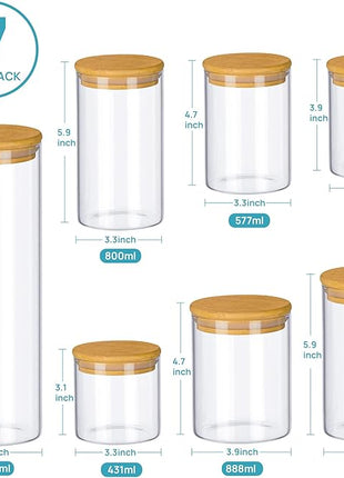 Vtopmart Glass Food Storage Jars, 7 Pack Kitchen Containers with Airtight Bamboo Wooden Lids for Pasta, Cookies, Nuts, Coffee Beans, Cereal, Canisters Set for Flour, Pantry Organization, BPA Free