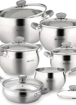 Daniks Modern 11-Piece Stainless Steel Induction Cookware Set – Dishwasher Safe Saucepan, Pots with Heatproof Handles, Glass Lids, Frying Pan with Lid, Silver