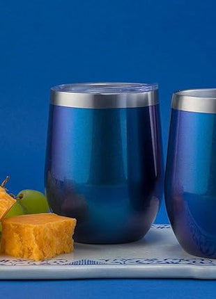 CHILLOUT LIFE 12 oz Stainless Steel Wine Tumbler with Lid - Double Wall Vacuum Insulated Wine Cup Glass Keeping Cold & Hot for Coffee, Champagne, Cocktails, Ice Cream - Blue Sparkle