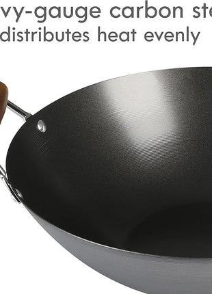 Kenmore Hammond 14-Inch Flat Bottom Carbon Steel Wok, Black, Durable Non-Stick Stir Fry Pan for Gas and Electric Stovetops