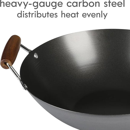 Kenmore Hammond 14-Inch Flat Bottom Carbon Steel Wok, Black, Durable Non-Stick Stir Fry Pan for Gas and Electric Stovetops