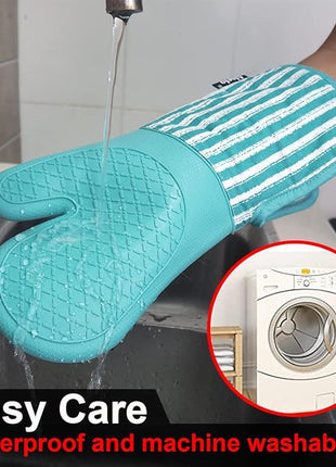 Silicone Oven Mitts Heat Resistant 932℉ with Waterproof & Non-Slip Kitchen Mittens, Set of 2 Extra Long Oven Gloves with Soft Cotton Terry Lining for Baking Cooking Barbecue