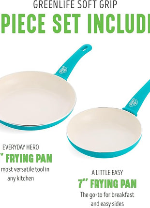 GreenLife Non Stick Fry Pan Set (7" & 10"), Non-Toxic PFAS-Free Ceramic Skillets, Dishwasher & Oven Safe, Egg Omelet Frying Pans, Stay- Cool Handles, Kitchen Home Cooking Essentials, Caribbean Blue