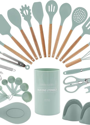 Country Kitchen Non Stick Silicone Utensil Set with Rounded Wood Handles for Cooking and Baking, 38 Piece Set, Mint