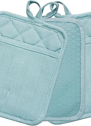 Pot Holders Yarn-Dyed Set of 3 Non Slip Silicone Kitchen Lines Heat Resistant 500℉ Kitchen Gloves BBQ Cooking Baking Cooking Barbecue Microwave Machine Washable (Light Blue Potholders)