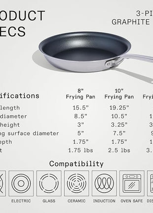 Made In Cookware - ProCoat Non Stick 3 Piece Frying Pan Set (Includes 8",10",12") - 5 Ply Stainless Clad - Professional Cookware - Crafted in USA - Induction Compatible - (Graphite)